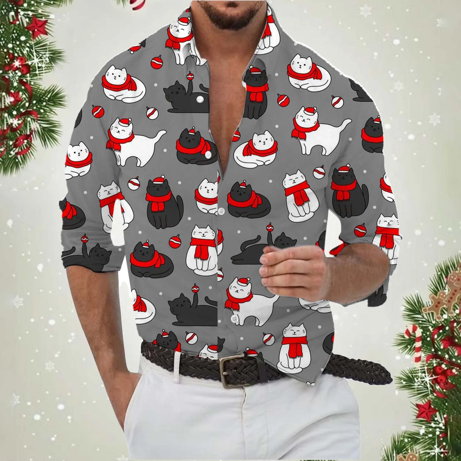 Christmas Long Sleeve Shirt Lapel Men\'s Button Up Shirt 2024 Autumn Christmas Snowman 3D Printed Men\'s Casual Party Holiday Tops