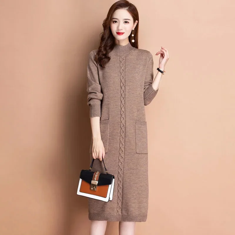 Autumn Winter Women Knit Dress New Long Sleeve Party Midi Dress Ladies Half High Collar Loose Elegant Knitted Sweater Dresses