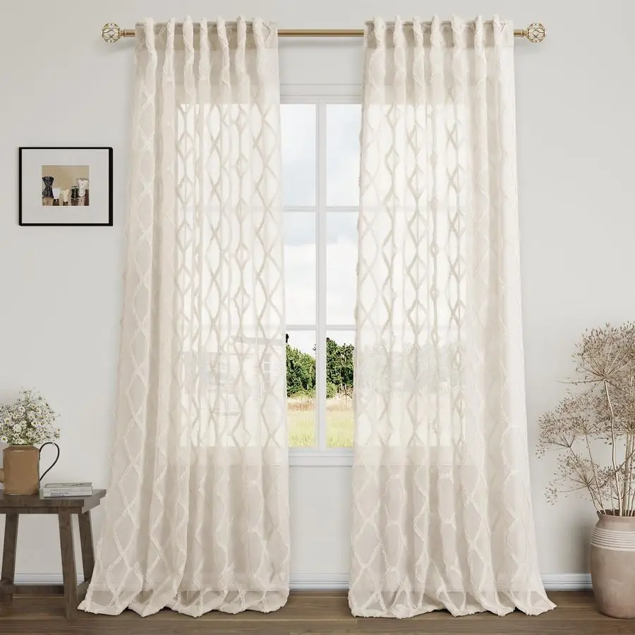 

Sheer Beige Curtains 96 Inches Long Sheer Window Curtains Panel Boho Farmhouse Rod Pocket Shabby Chic Cute Textured Drapes for N
