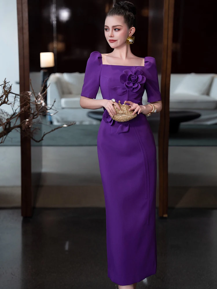 Robe de soirée violette de tempérament français élégant, col carré, manches longues, fleur 3D, taille haute, Slim, enveloppée dans les hanches, longue robe pour femmes