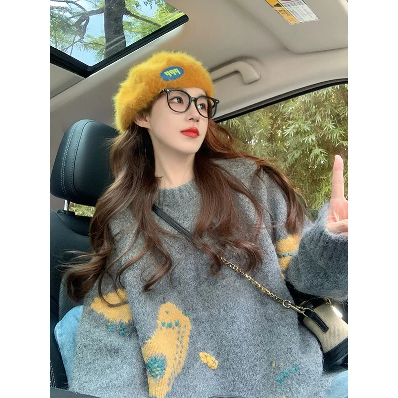 ay Cartoon Oversized Thiened Lazy Sle Retro Loose Women's Knitted Sweater Autumn Winter New Arrival Versatile Comfortable