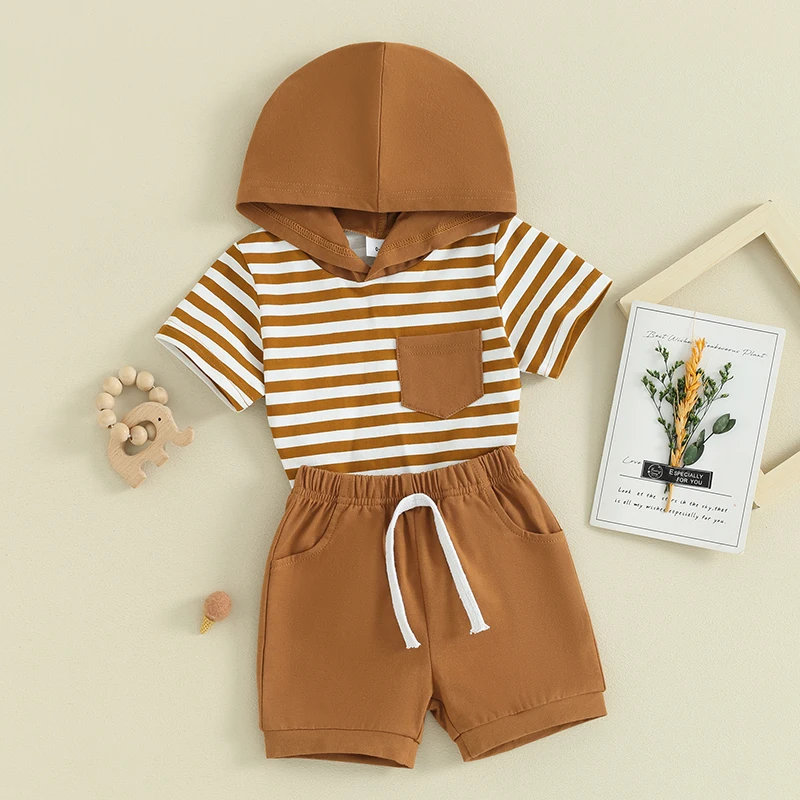 

Toddler Baby Boys Summer Outfit Stripe Short Sleeve Hooded T-shirt Tops with Elastic Waist Shorts 2Pcs