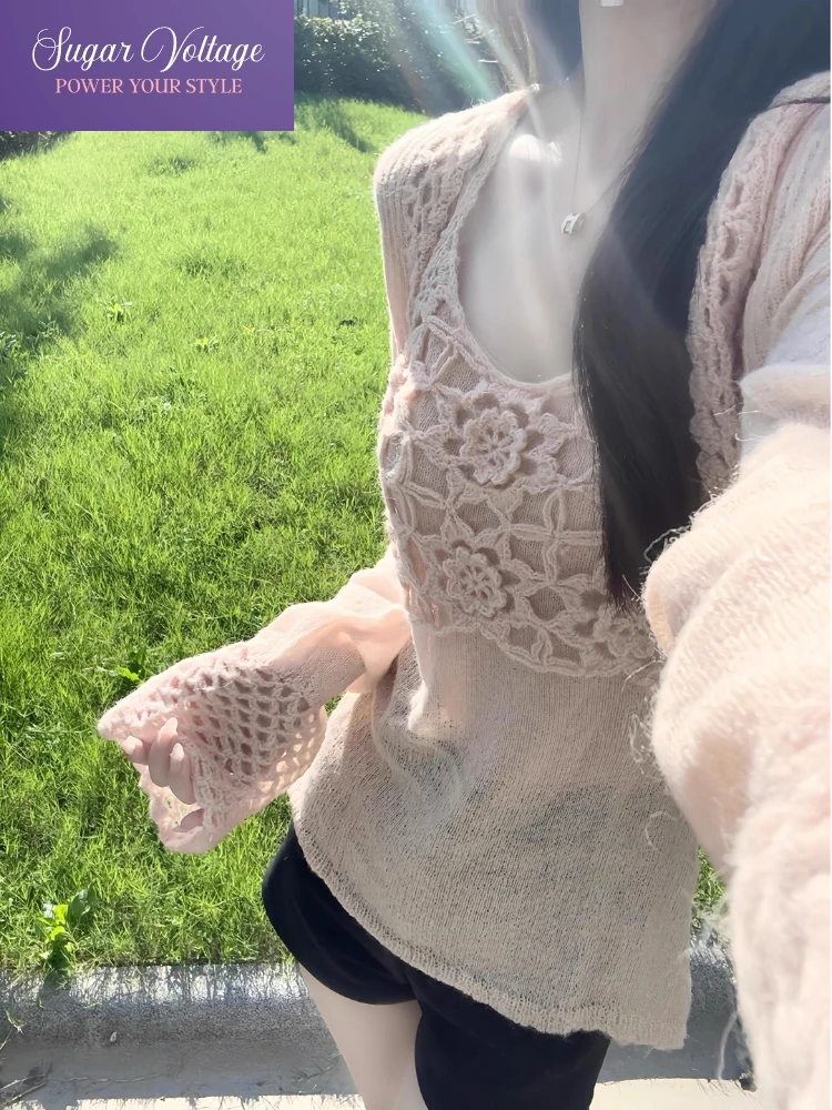 

Sweet Gentle Style Knit Cardigan and Camisole Set Women Pink Hollow Out Flower Pattern Top with Black Shorts Elegant Fall Outfit