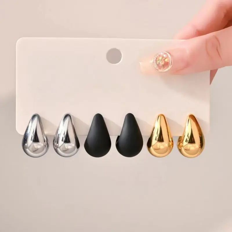 3 Pairs Chic Multi Color Water Drop Stud Earrings Fashion Punk Smooth Metal Earrings Women's Trendy Party Jewelry