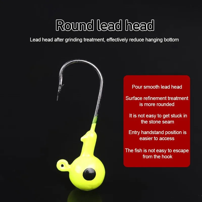 Hameçon de pêche à manivelle, crochet à tête de plomb, 1g-20g, tête ronde colorée, pointe pointue, leurre dur, appât, ver souple, outils, 5/10 pièces