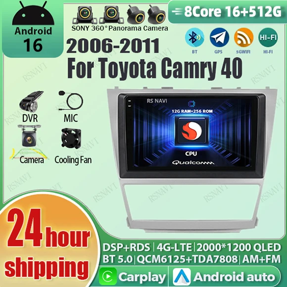 Android 16 Carplay Auto Qualcomm 2K QLED Screen Car Radio Player For Toyota Camry 40 2006-2011 GPS Wifi BT DSP Stereo Multimedia