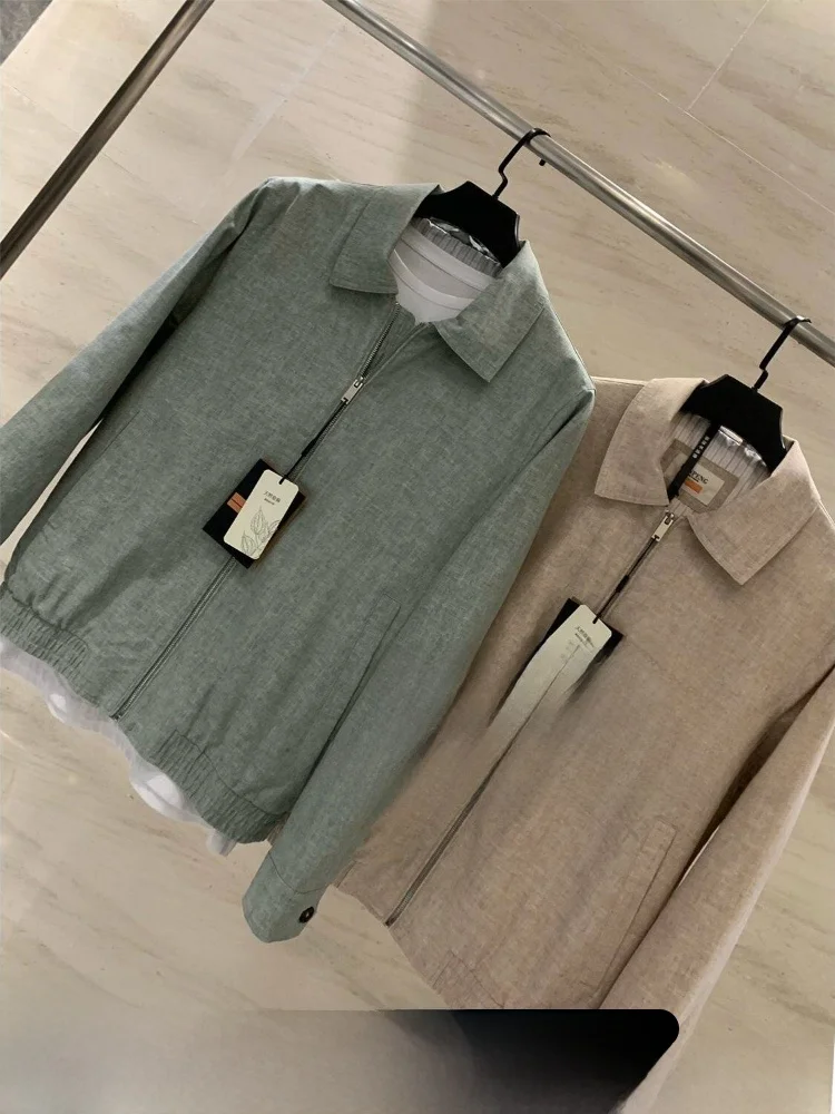 

Italian Luxury Washed Linen Casual Style Men's Flight Jacket Breathable Long Sleeve Zipper Closure Standard Fit Outerwear