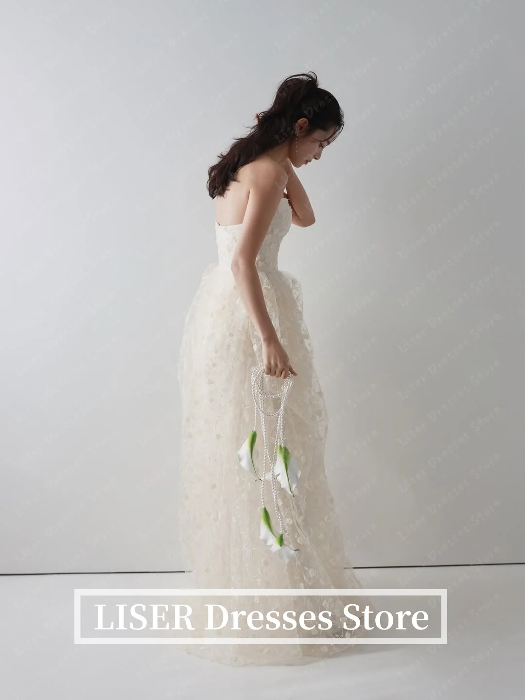 Liser Strapless A-Line Modern Korea Wedding Dresses Silk Lace Photo Shoot Customized Elegant Long Bridal Gown 웨딩드레스
