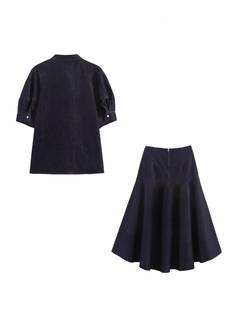 HH – costumes à la mode pour femmes, chemise à simple boutonnage + jupe mi-longue plissée avec fermeture éclair, taille élastique, jupe en Denim solide