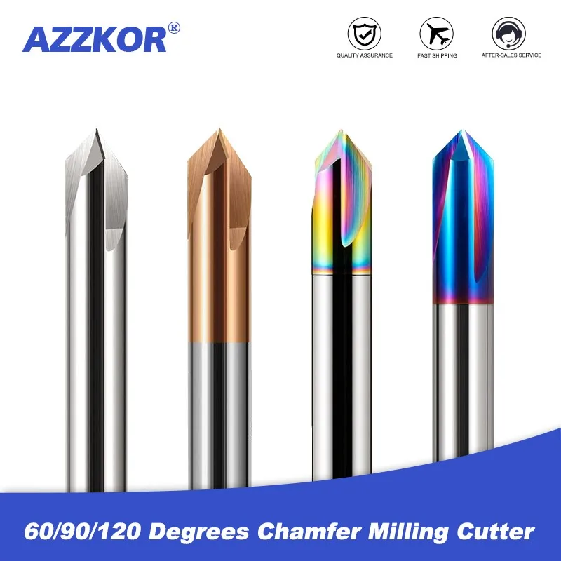 AZZKOR HRC65 3-Flute Tungsten Steel Carbide 60/90/120 Degrees Chamfer Milling Cutter CNC Router Bit Engraving Endmill Tools