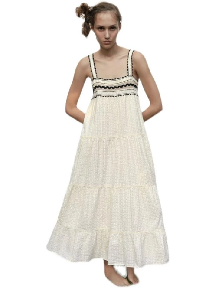 Été nouveau femmes col droit large sangle couleur Blo dentelle garniture ter Dr coton taille haute a-ligne jupe décontracté Sle