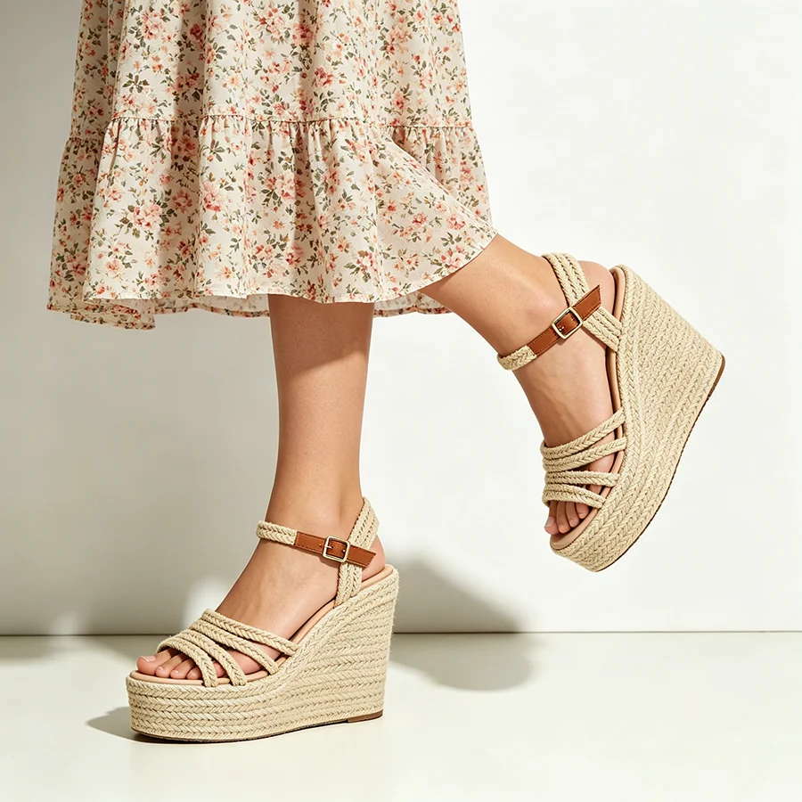 LIHUAMAO Summer Bohemian Jute Pumps Women Wedge Sandals Espadrilles Shoes Casual Shoes Platform Sandals Outdoor Shoes Footwear