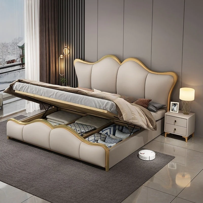 leather wedding bed 1.5 meters master bedroom Italian light luxury soft bag storage bed, modern simple solid wood bed