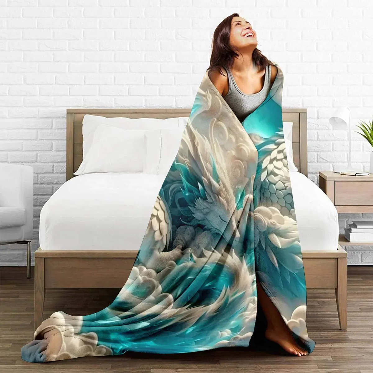 Premium Flannel Throw Blanket for Couch Sofa Winter Decor Polyester Machine Washable Blue Wave Ocean Dragon Print Luxury Cozy Gi