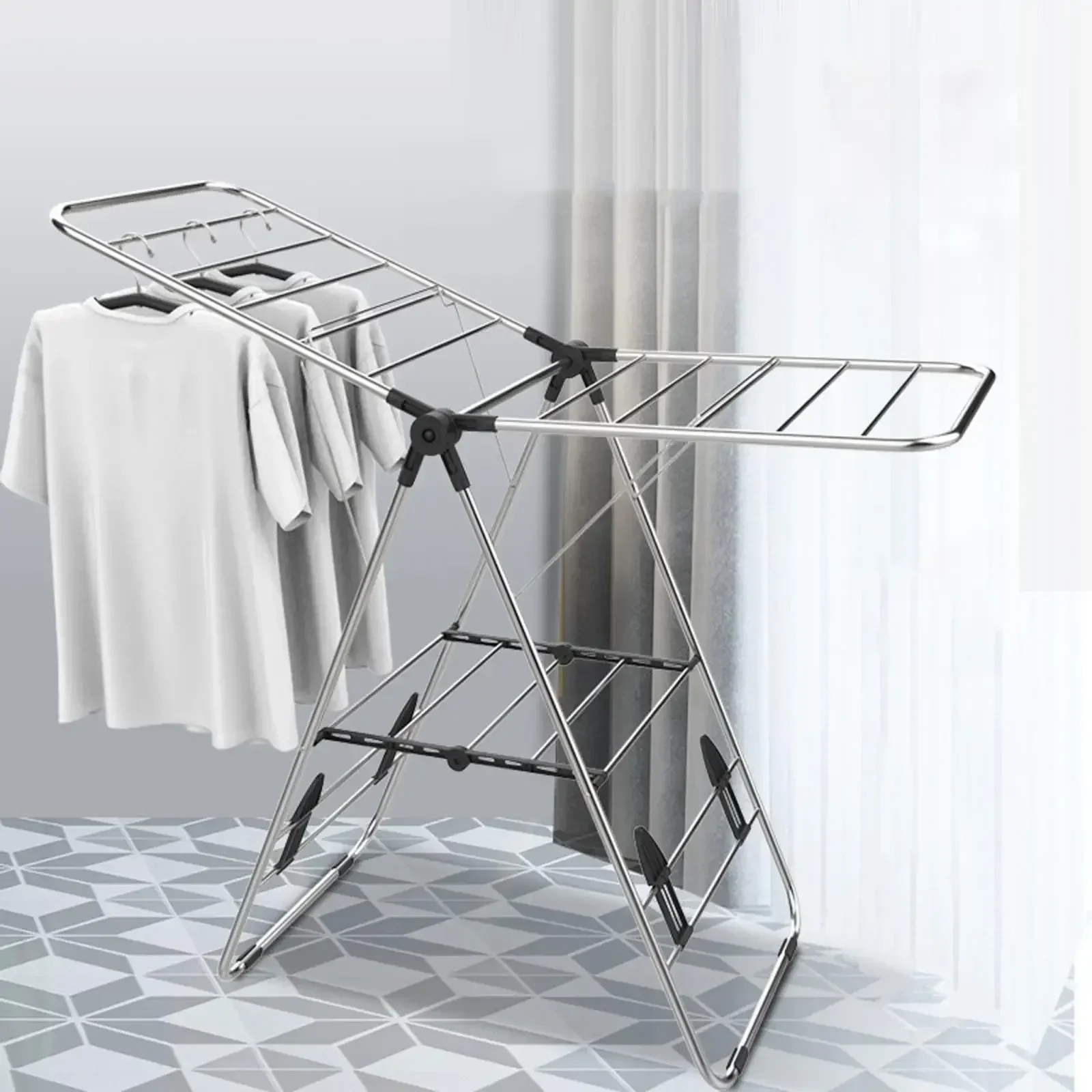 Clothes Drying Rack, with Sock Clips, Metal Laundry Rack, Foldable, Space-Saving, Free-Standing Airer  Adjustable Height