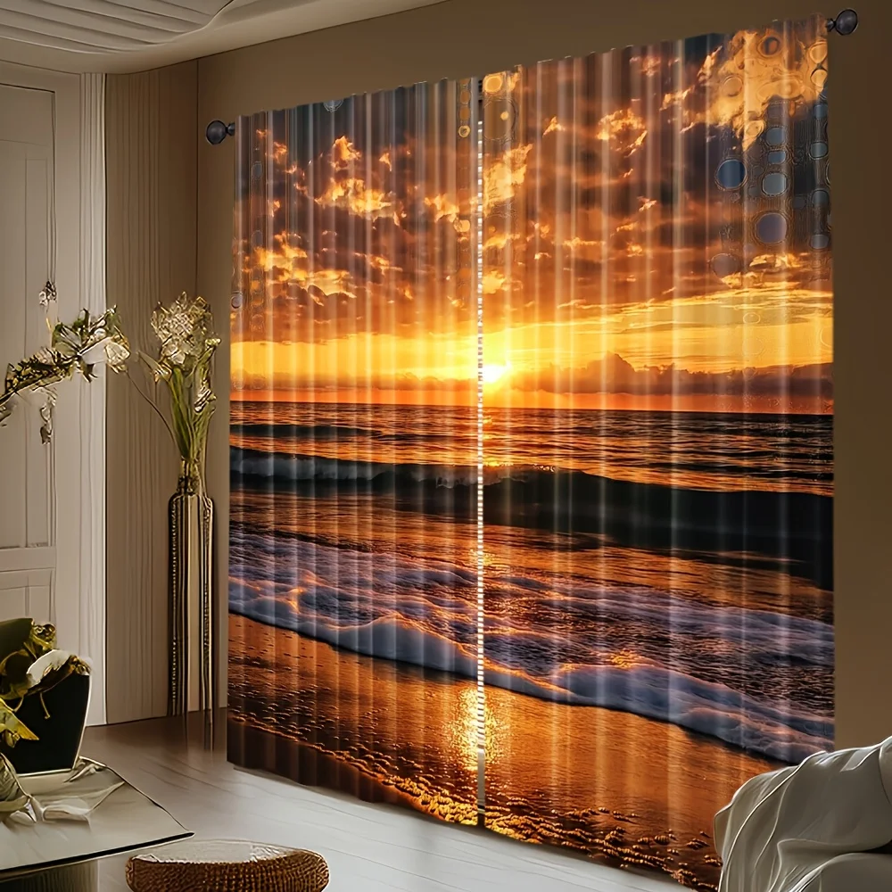 2pcs Sunset Beach Curtains Ocean View Print Polyester Window Drapes for Living Room Bedroom Romantic Home Decor
