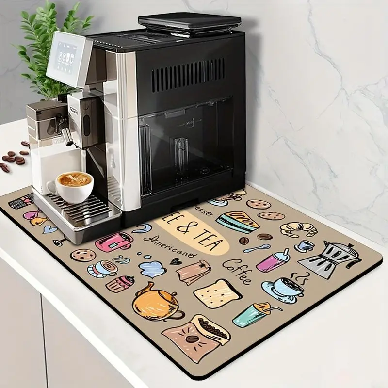 VIKAMA Dish Drainer Mat, Hand-Painted Coffee Cup and Dessert Doodle Print Absorbent, Non-Slip Coffee Maker Mat, Home Decor