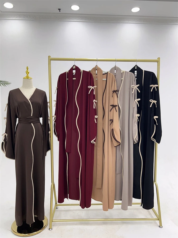 

Ramadan Eid Open Modest Kimono Butterfly Bow Abaya Dubai Luxury Muslim Abayas for Women Islam Kebaya Caftan Robe Femme Musulmane