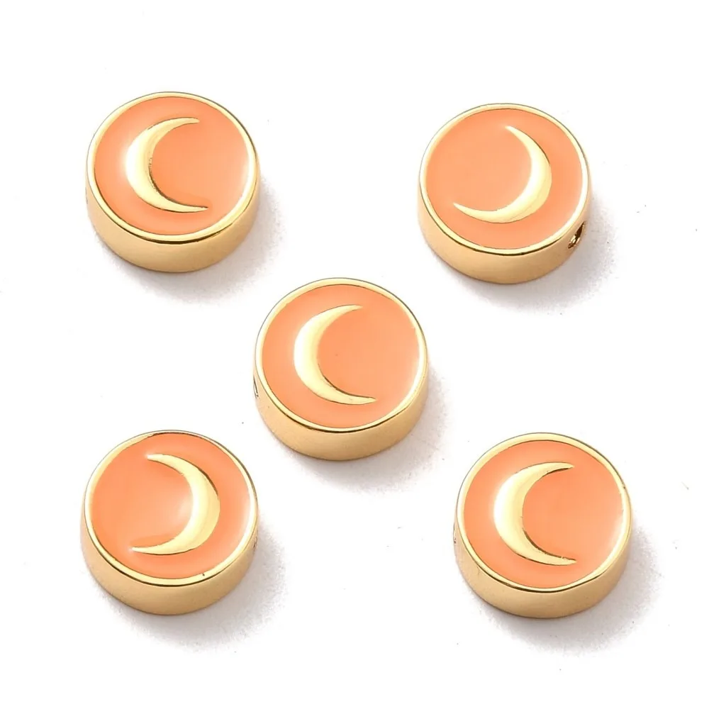 20 pc Brass Enamel Beads Real 18K golden Plated Long-Lasting Plated Cadmium Free Lead Free Flat Round with Moon Pattern
