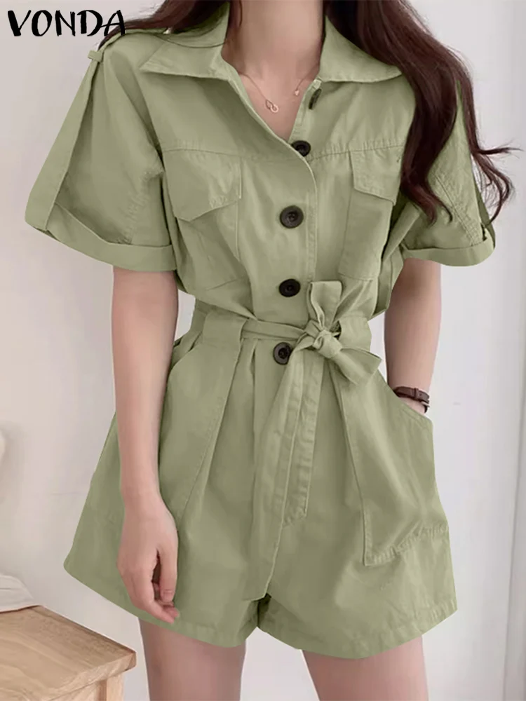 VONDA Women Short Rompers 2024 Casual Short Sleeve Lapel Colar Jumpsuits Solid Color Lapel Collar Rompers Wide Leg Workwear