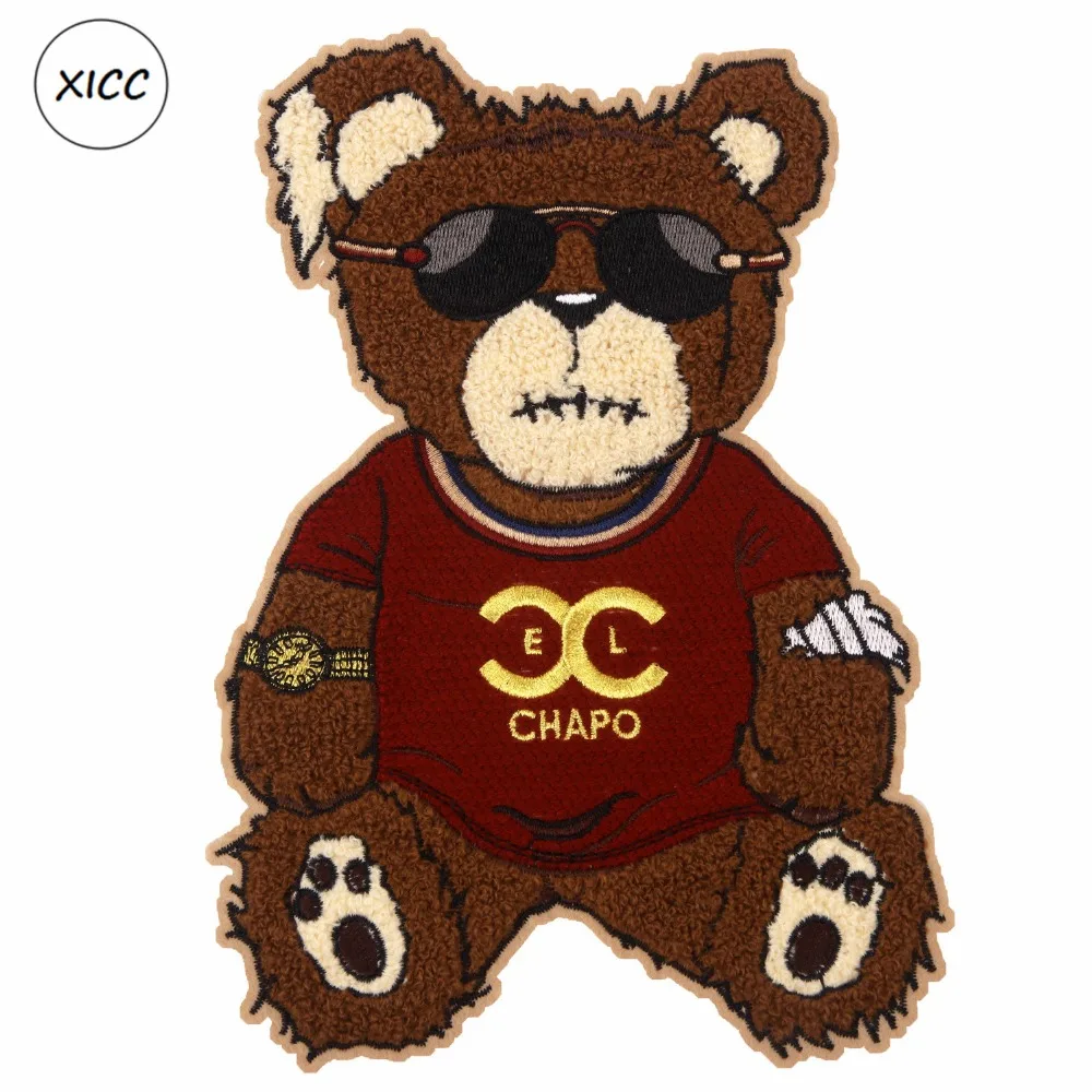 Cool Bear Sunglasses Chenille Towel Embroidery Cartoon Patches Custom Sew on Badge Super Quality Patchwork Sticker Appliques