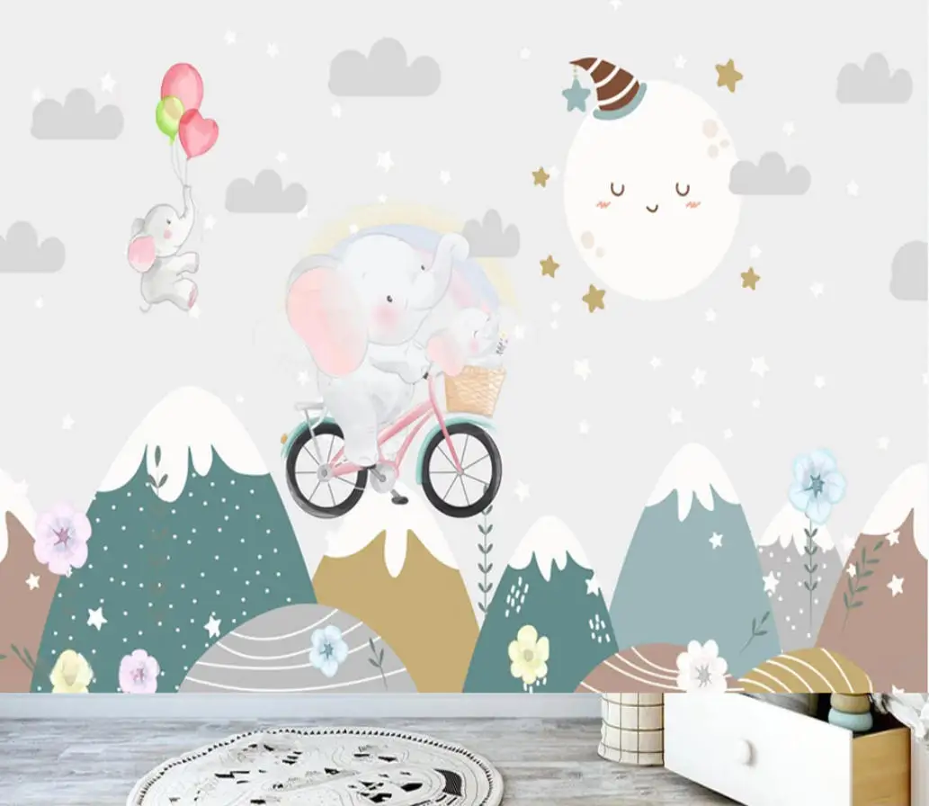Custom wallpaper Nordic hand-painted starry sky moon clouds starry Cartoon Elephant children's room background wall 3d wallpaper