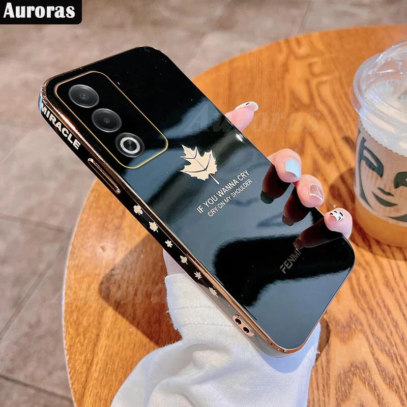 Aurora For OPPO A80 5G Case Solid Color Electroplate Maple Leaf Silicone Shell For OPPO A3 Pro A3X 5G Back Cover