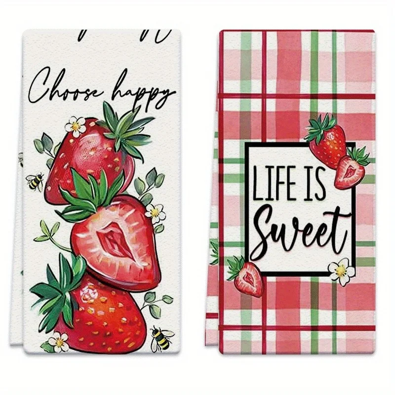 2Pcs, Plaid Strawberry Kitchen Towels, 40Cm*60Cm Towel Set, Best Kitchen Towels, Super Absorbent Soft Cleaning Cloth, Cooking and Baking Tea Towel, Hand Towel, Cleaning Cloth, Dishwashing Cloth, Kitchen Decoration, Living Room Decorations, Kitchen Essentials, Home Essentials