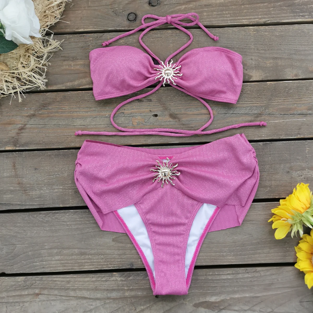 Women\'s Glamorous Purple Bikini Set with Gold Sunburst Accents 2Pc Biquini Swimsuits Lady Strappy Beachwear 2025 Holiday Clothes