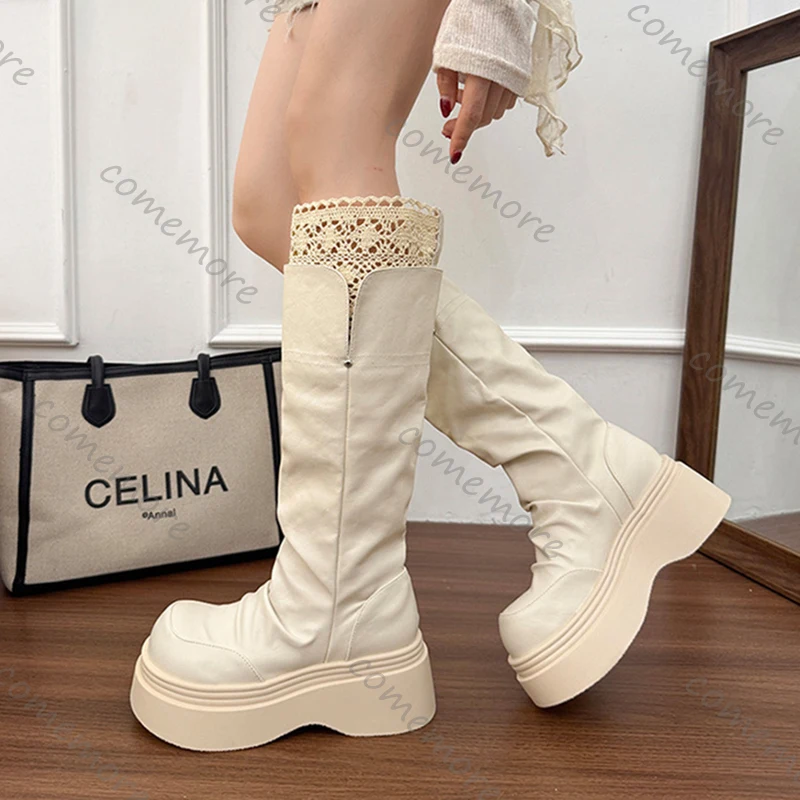 

Comemore, женские высокие сапоги в готическом стиле на кружевной платформе, модные кожаные длинные ботинки, увеличивающие рост, винтажные женские туфли на каблуке