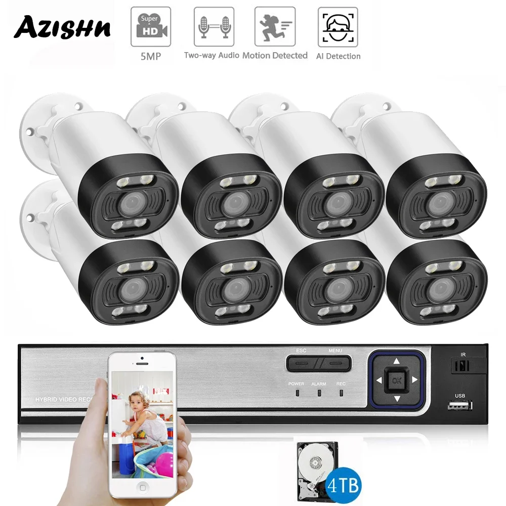 AZISHN 8CH 5MP NVR POE камера видеонаблюдения комплект системы безопасности двустороннее аудио Ai IP-камера уличный цветной комплект ночного видения