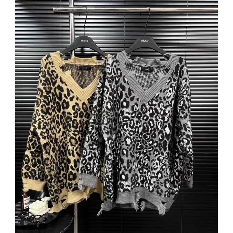 Khaki Odzież damska Vintage Sweter z dzianiny Szara kurtka Leopard Print Pullover Długi rękaw Casual Fashion Damskie zimowe topy