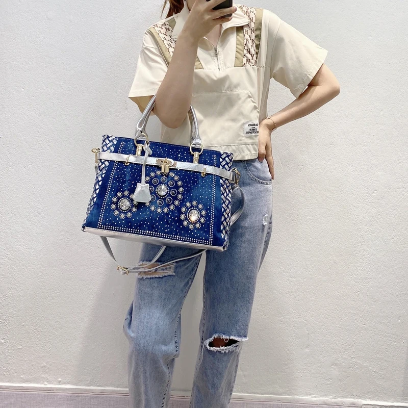 Womens Tote Messenger Bags Satchels Jeans Bag Denim Handbag Shoulder Bag Shiny Crystal Diamond Decoration Crossbody Bag