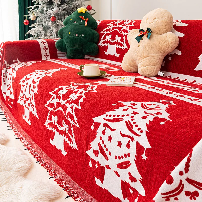 Red Christmas All-Wrapped Sofa Covers Chenille Blanket Living Room Sandhair Cover All Seasons Oversized One-Piece Sofa Covers