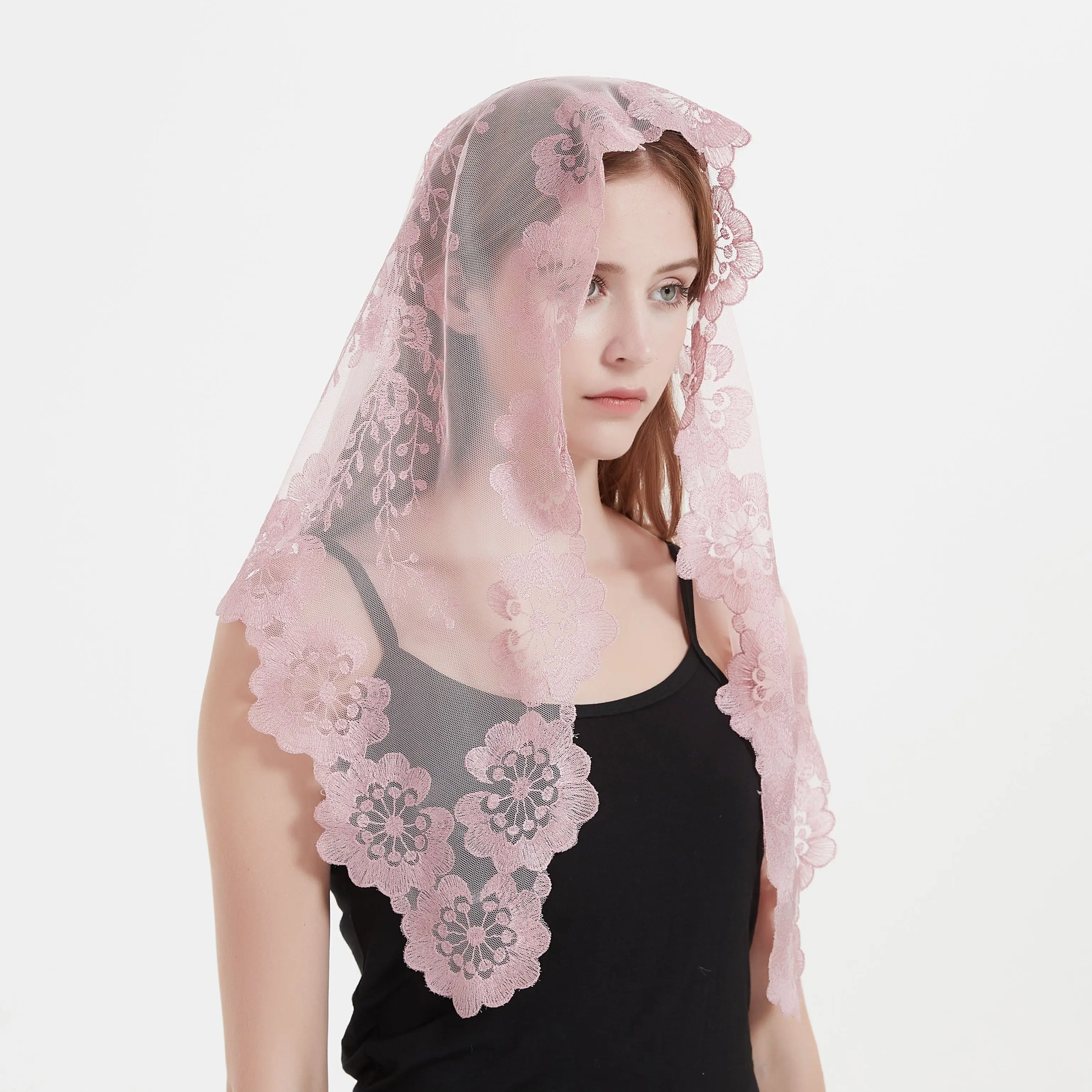 Pink Quality Embroidery Triangular Lace Chapel Shawl Catholic Veil Lace Mantilla