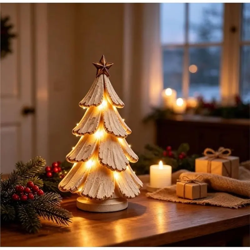 A34R& Glowing LED Lights Mini Christmas Tree Figurine Vintage Style, Tabletop Centerpiece Holiday Decor