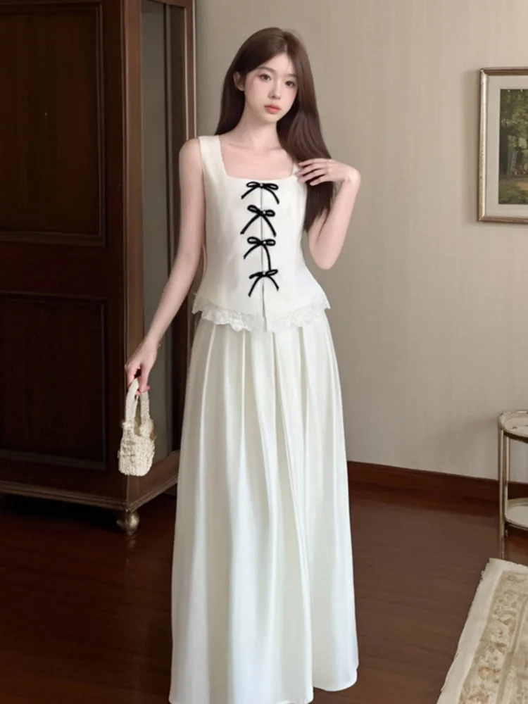 

Summer French Small Fragrance Two Piece Outfits Woman Bow Lace Single Breasted Top + Long Skirt Suits Korean Sweet 2 Piece Sets