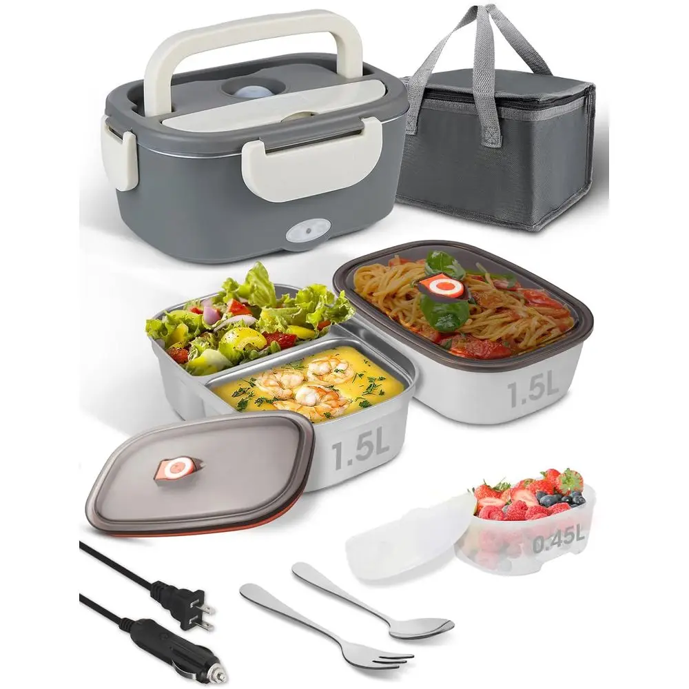 

Heated Lunch Box, 80W, 2 Pack 1.5L Stainless Steel Containers, 12/24/110V Portable Warmer for Work/Car