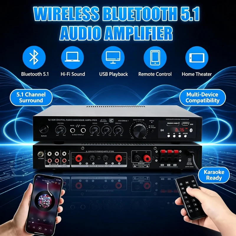 AV-369BT Bluetooth 5.1 Sound Speaker AMP Stereo Audio Amplifiers Receiver 6 Channel Home Theater Audio Stereo System Components