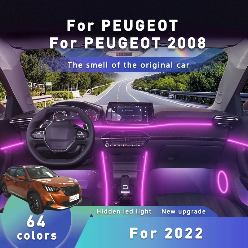 

Для PEUGEOT 2008 для 2022 64 RGB автомобильное окружающее освещение с Bluetooth-управлением, полоса внутреннего освещения автомобиля, сделай сам, светодиодная лента для салона автомобиля