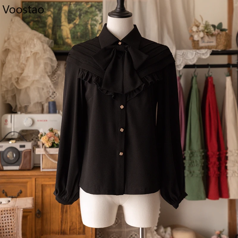 Victorian Vintage Lolita Style Shirt Women Classical Elegant Bow Ruffles Long Sleeve Cute Blouse Female Casual Sweet Tops Blusas