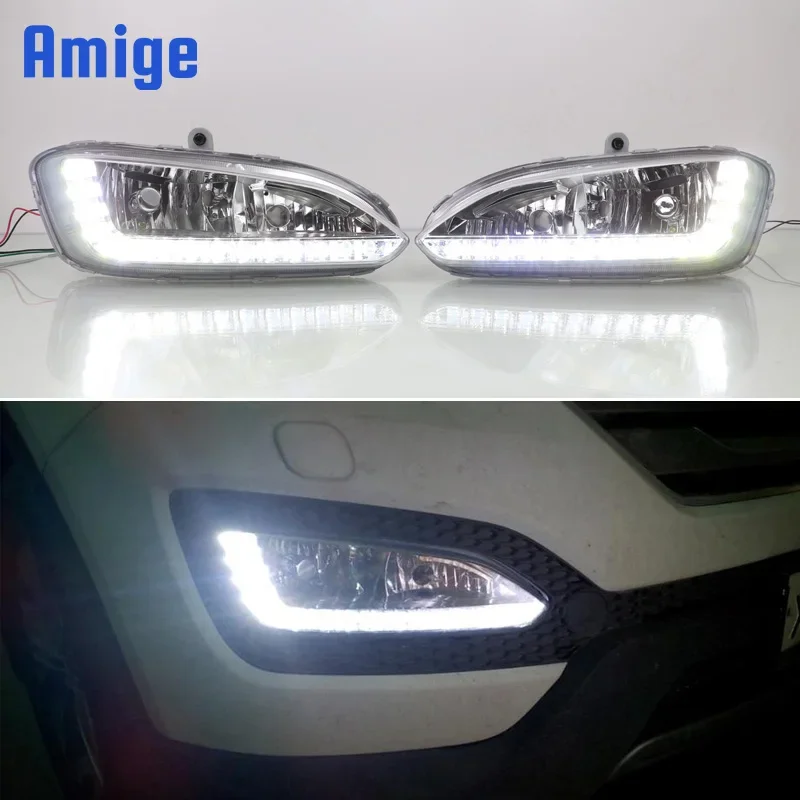 Lampu berjalan siang hari LED, Hyundai Santa Fe IX45 2013-2015 Plug & Play tahan air 12V lampu kabut lampu dekorasi Bumper LED DRL