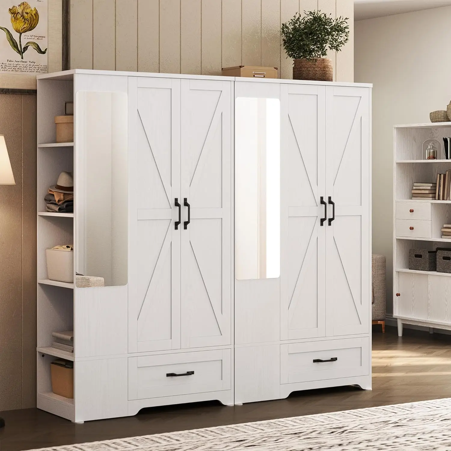 خزانة ملابس LIKIMIO Armoire مع أبواب وأدراج الحظيرة ومرآة كاملة و5 أرفف تخزين وخزانة غرفة نوم خشبية مقاس 70 بوصة