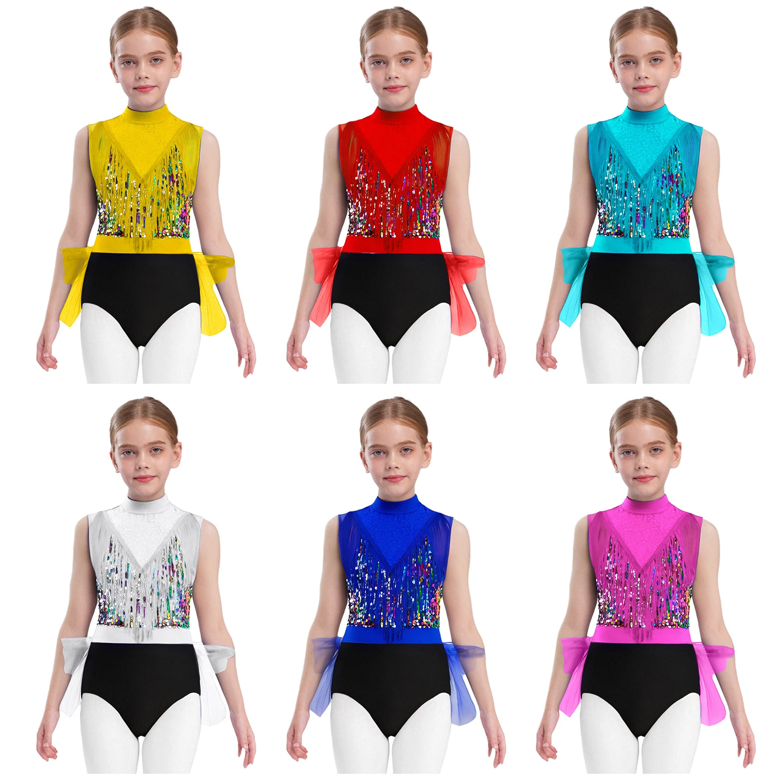 Collant de dança de balé lírico para meninas, sem mangas, recortes nas costas, borlas, lantejoulas brilhantes, vestido de balé para performance de patinação artística