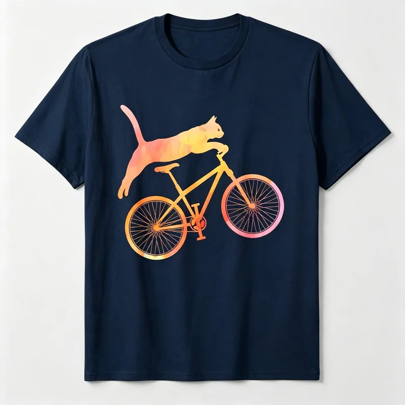 Orange Gradient Cat Riding Bicycle Graphic T Shirt Premium Soft Cotton Short Sleeve Street Casual Daily Wear Animal Print Tee