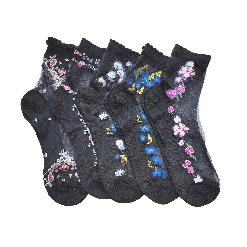 5 pairs Women's Medium Crystal Stockings Thin Embroidered Glass Stockings Women's Socks Middle-aged and Elderly Non-slip Socks