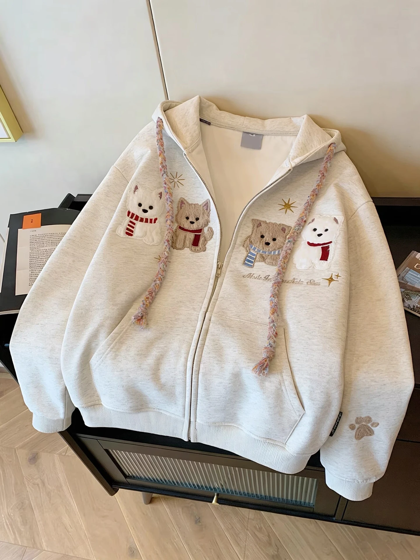 

Корейская ретро-толстовка с креативным принтом собаки, женская, весенне-осенняя, модная, повседневная, универсальная, свободного кроя, для уличного стиля