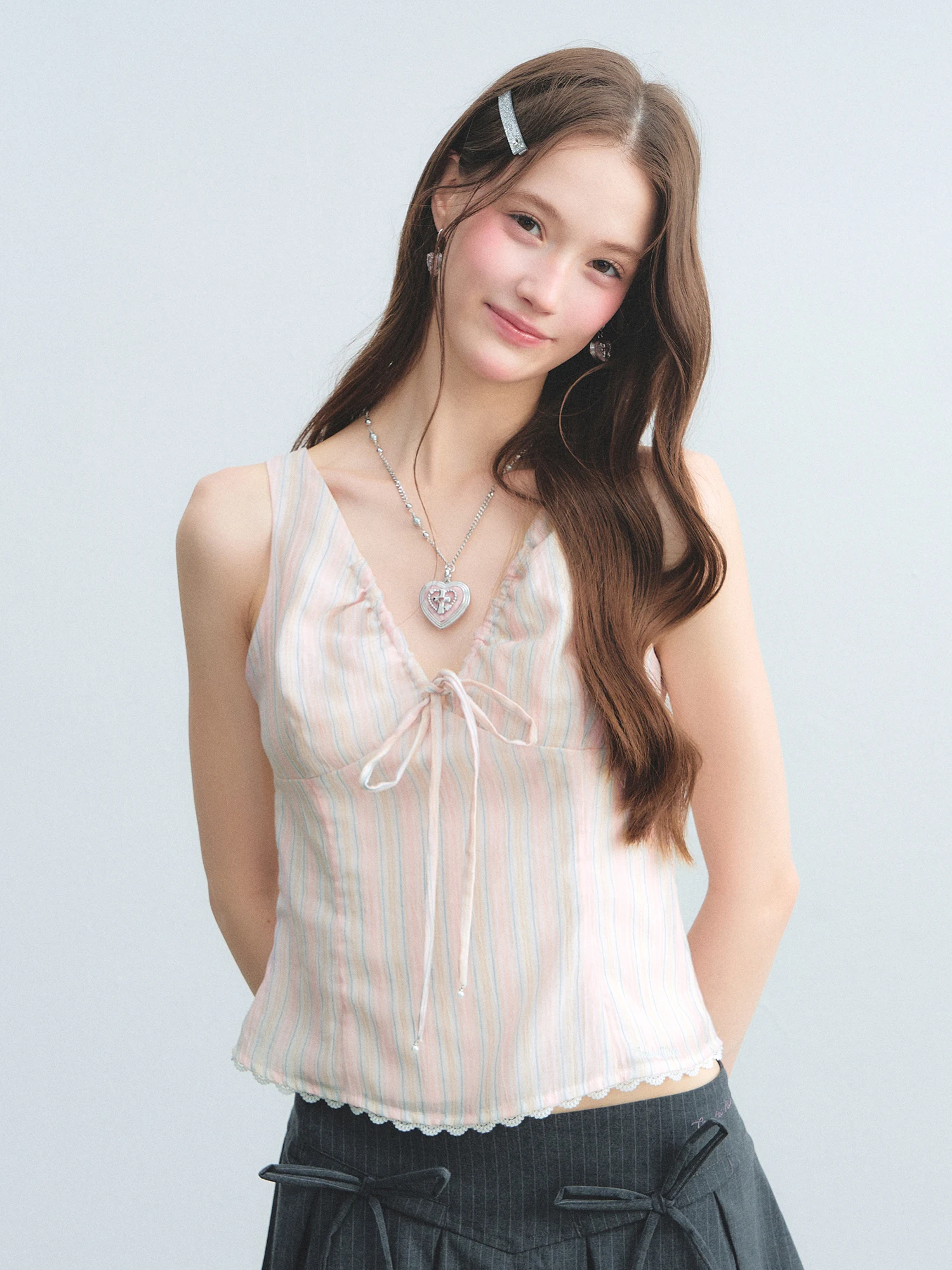 Sweet Style GUUKAHERO Women's Short Sleeveless V-neck Striped Vest Pink Cool Dog Tooth  Lenzing Fabric Camping Outfit