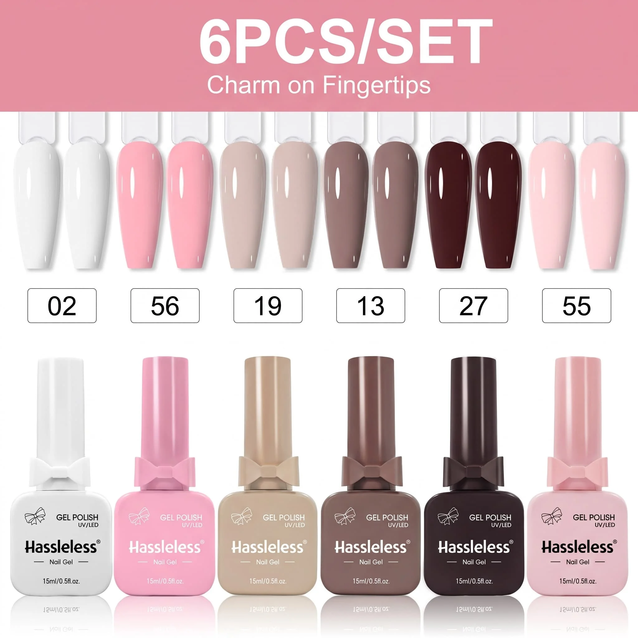 Hassleless 6-piece nail polish set, 15ml large bottles, removable, provides even and full color coverage, long-lasting color lock that is not easy to peel off, salon-quality, suitable for beginners and professionals
