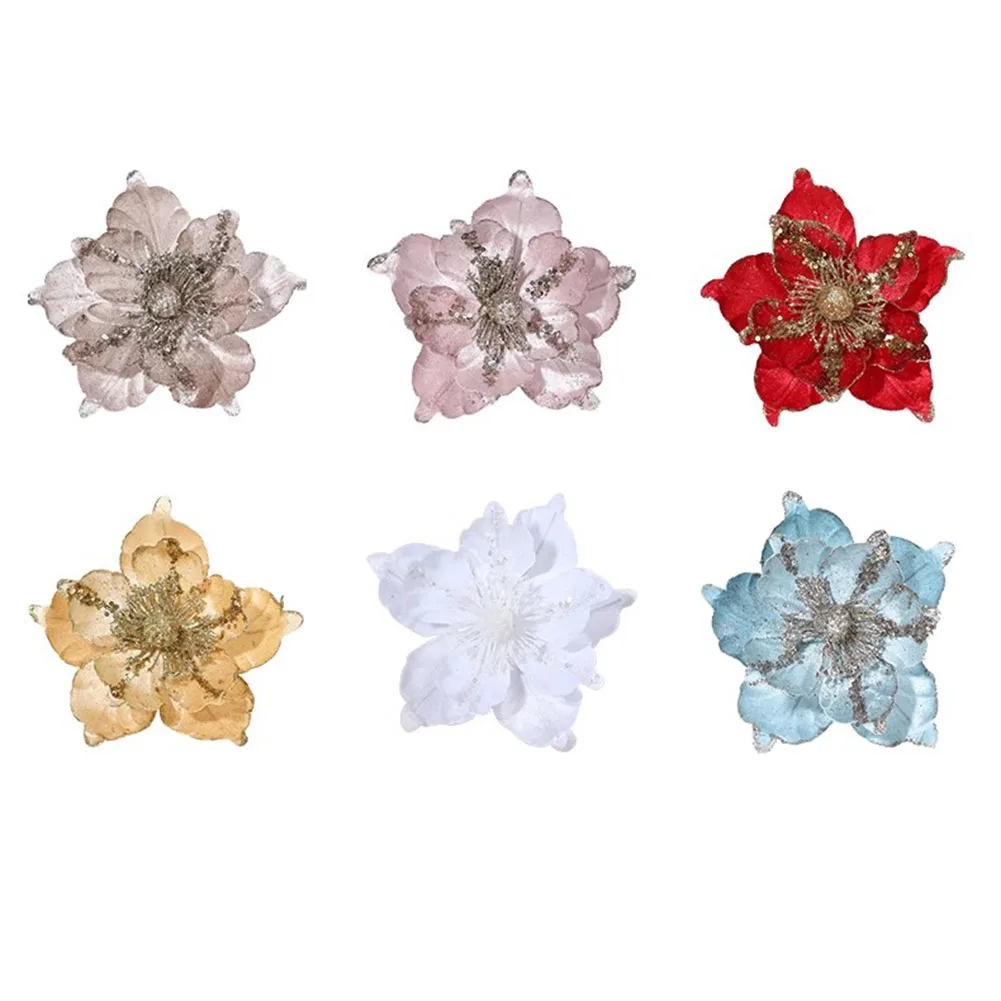 ดอกไม้ประดับคริสต์มาส ดอกไม้ประดิษฐ์สำหรับคริสต์มาส ประกายระยิบระยับ ใช้ตกแต่งได้หลากหลาย ผลิตจากผ้าและพลาสติก ABS